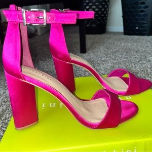 Bright pink satin ankle strap block heel, size 8.